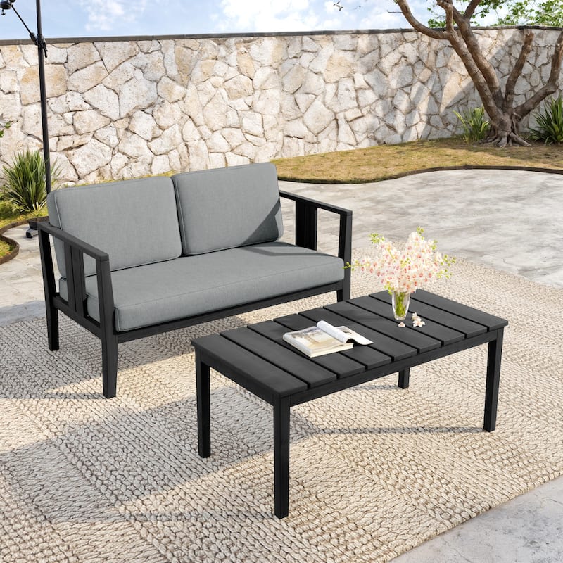 Teak Wood Water Resistant Outdoor Loveseat and Coffee Table Set (Set of 2)