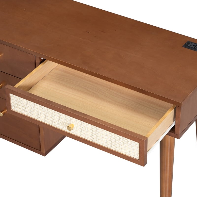 Classic Wooden Makeup Vanity Set with Stool, Dressing Table with 4 Storage Drawers, Walnut