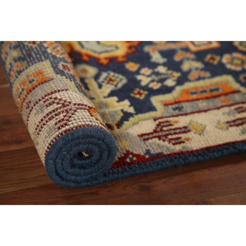 Blue Geometric Kazak Indian Accent Rug Handmade Wool Carpet - 2'11"x 5'0"