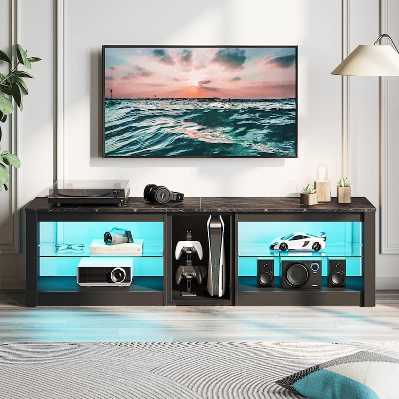 63" TV Stand Gaming Entertainment Center for TVs up to 70" with LED Lights Cabinet and Shelves