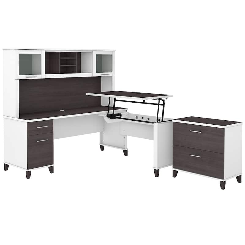 Somerset 72W Sit to Stand L Shaped Desk with Hutch and Cabinet in Gray