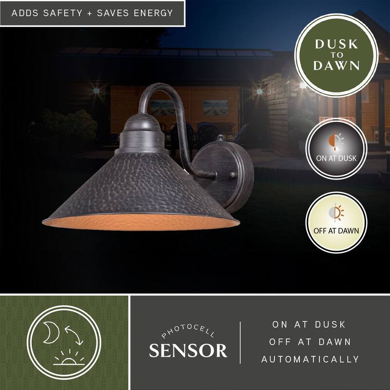 Outland 1 Light Dusk to Dawn Black Gold Farmhouse Barn Dome Outdoor Wall Lantern - 12-in W x 9-in H x 13-in D