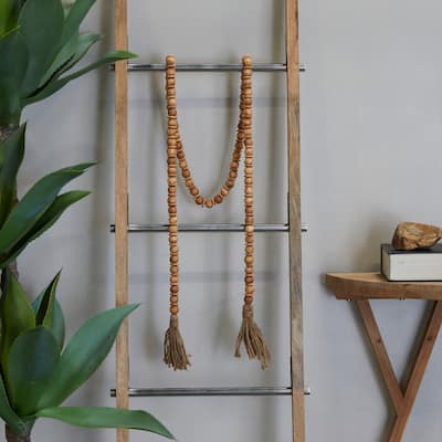 Brown Mango Wood Handmade Round Long Carved Beaded Garland with Tassel