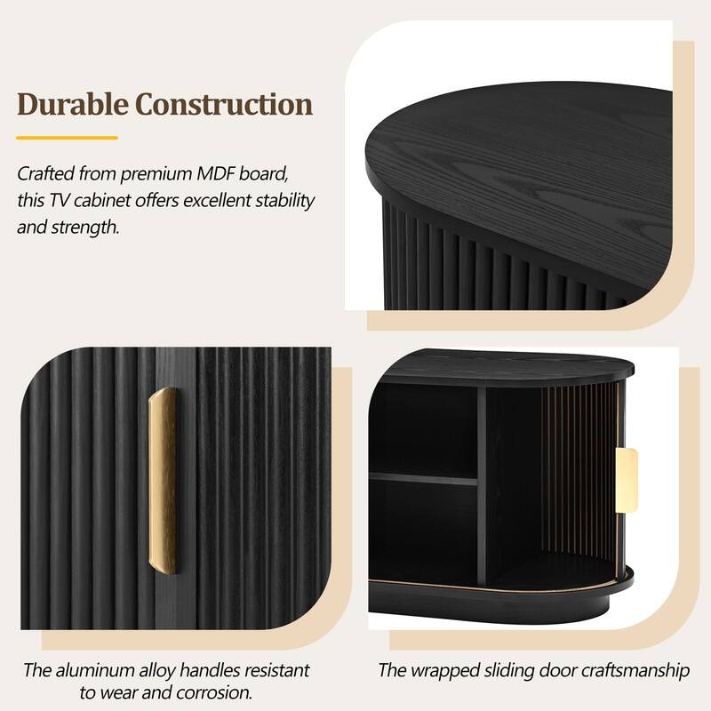 Farmhouse TV Stand with Sliding Tambour Door for 75-Inch TVs, Fluted Media Console with Adjustable Shelves and Golden Handles