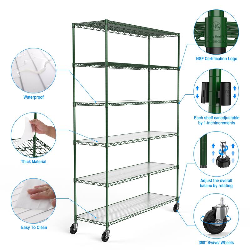 Heavy Duty 6 Tier Metal Shelves, Height Adjustable with Wheels