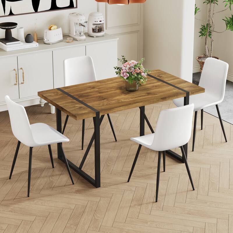 5-Piece Kitchen Dining Table Set, Rectangular Table with 4 White Faux Leather Chairs for Family Dining Areas - Wood