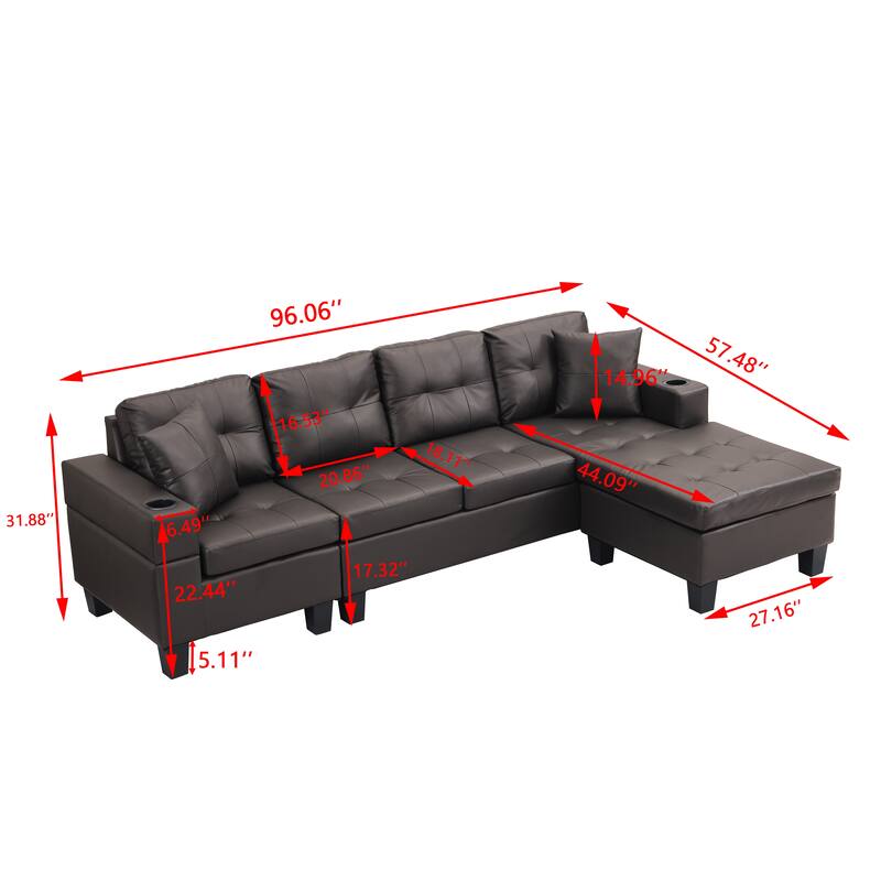 96.06'' PU Upholstery Modern 4 Seater Sectional Sofa Set with L-Shaped Chaise Lounge, Cup Holders, and Reversible Design