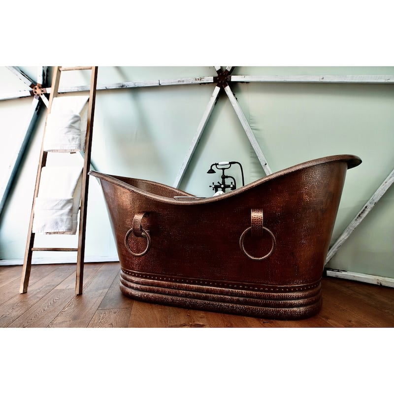 67-in Hammered Copper Double Slipper Bathtub With Rings in Oil Rubbed Bronze (BTDR67DB)