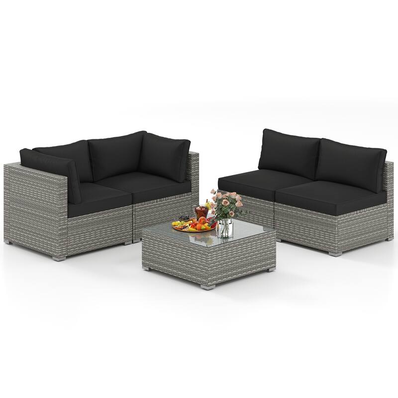 Gymax 5PCS Patio Sectional Sofa Couch PE Rattan Conversation Set - Black