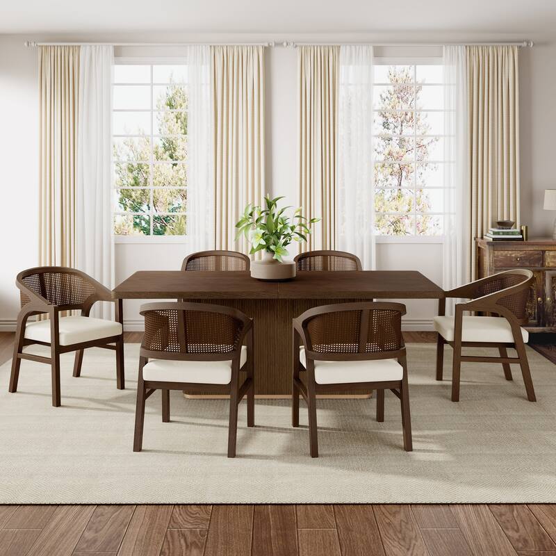 Christopher Knight Home - Eryndor Rubber Wood 7 Piece Dining Set With Rattan Back - 7 Piece - Beige+Walnut