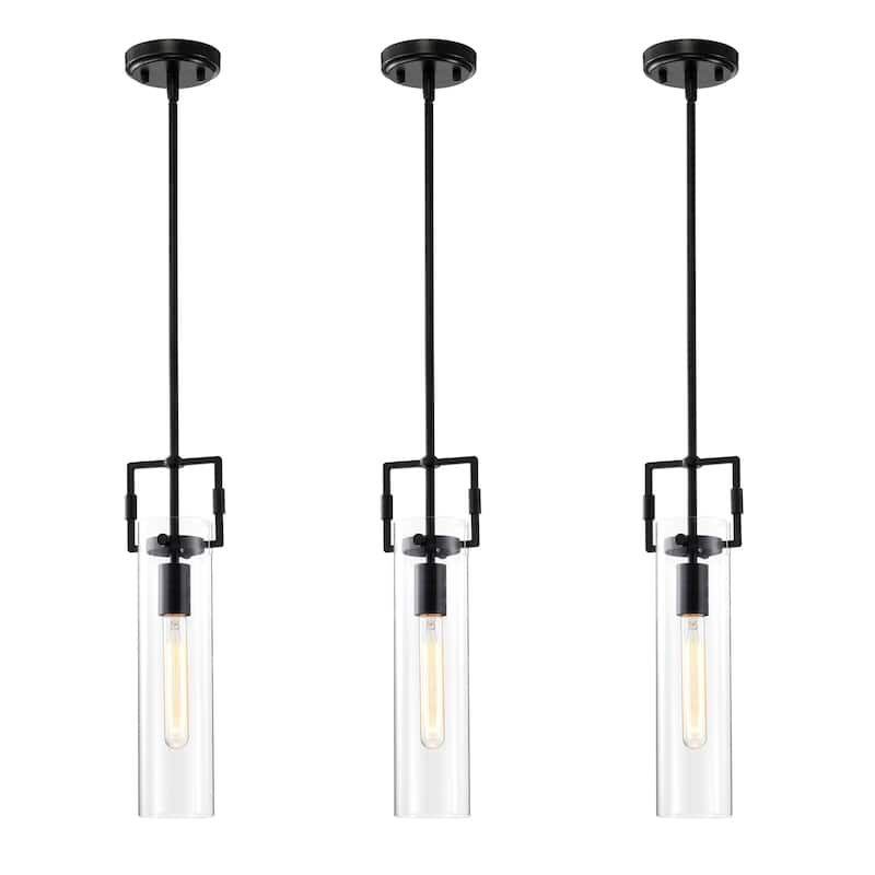 1-Light Matte Black Mini Pendant with Clear Cylindrical Glass Shade - 3-PACK