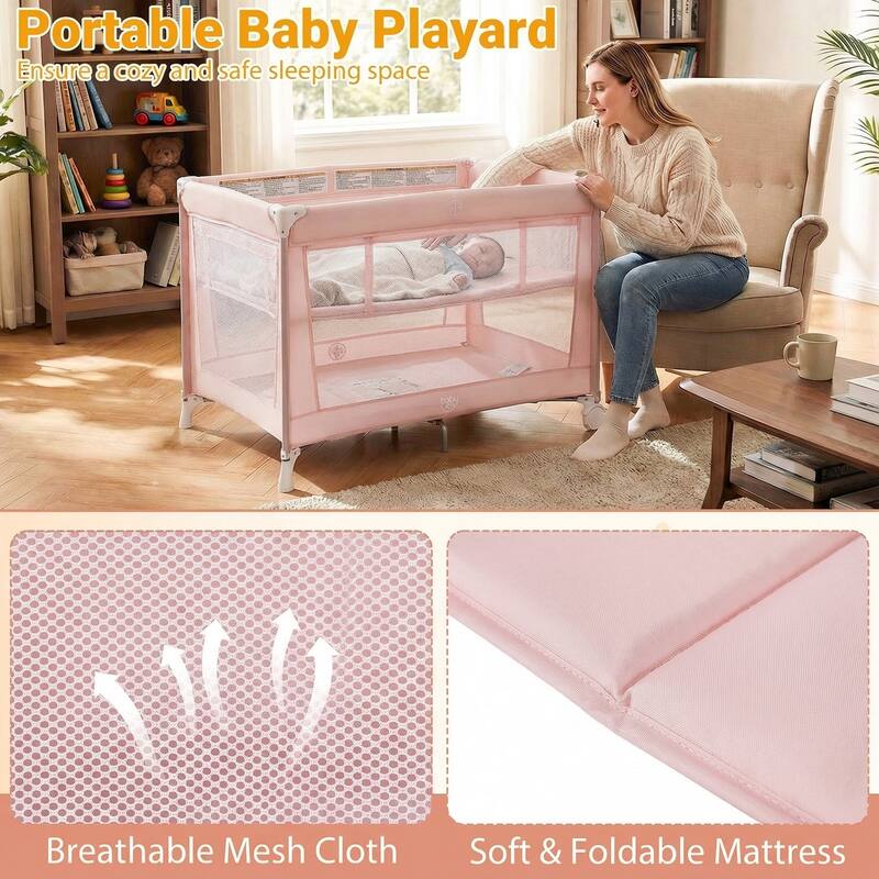 Gymax Portable Baby Playard w/Soft Mattress Breathable Mesh Sides