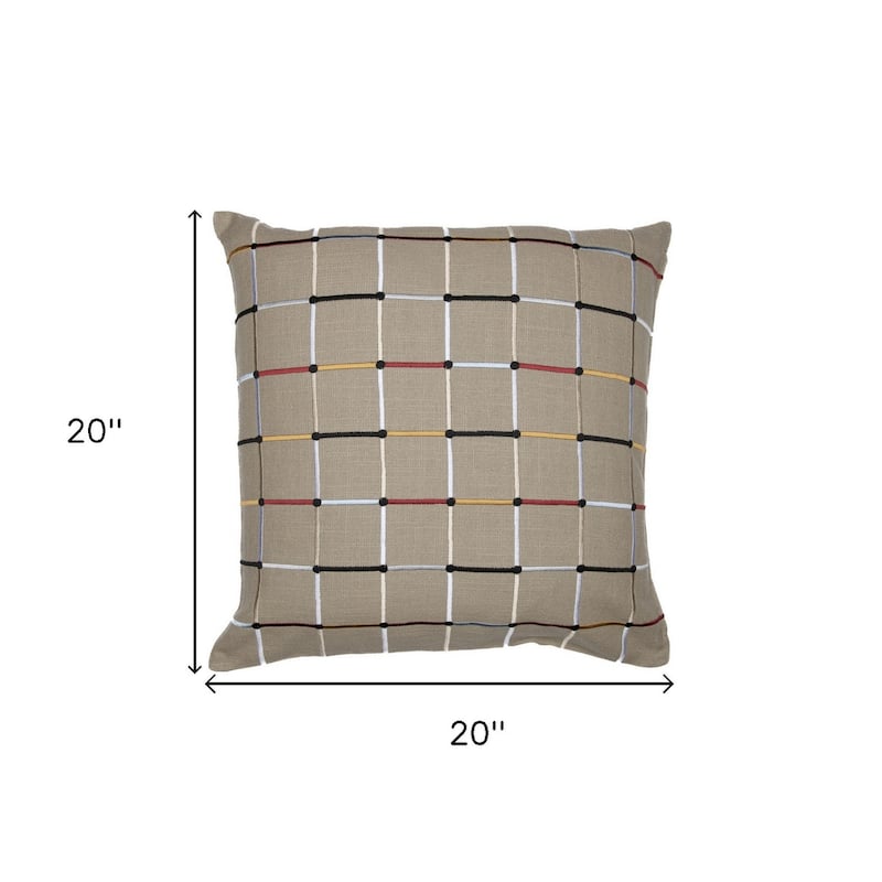 HomeRoots 20" Beige Check Cotton Blend Throw Pillow With Embroidery