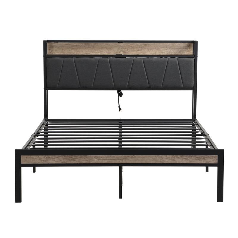 Full Size Bed Frame with USB LINER, Upholstered Headboard with Shelves, Metal Platform Bed with Footboard, No Box Spring Needed