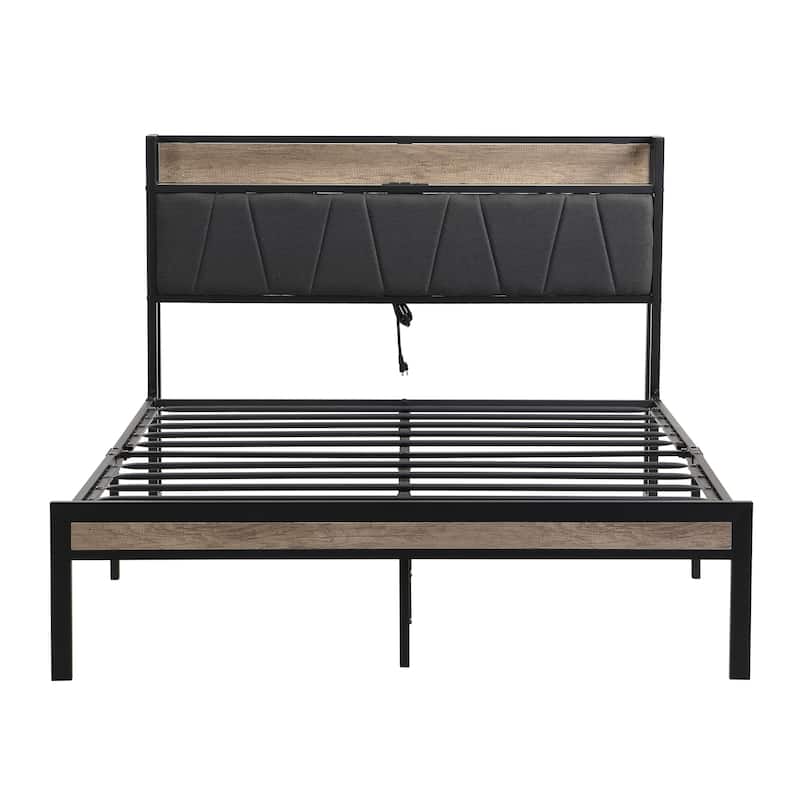 Queen Size Metal Platform Bed Frame with Storage, Headboard, Footboard, USB Port, No Box Spring Needed, Easy Assembly