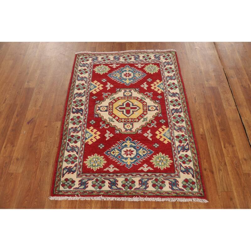 Red Geometric Kazak Foyer Rug Handmade Wool Carpet - 2'9"x 3'9"