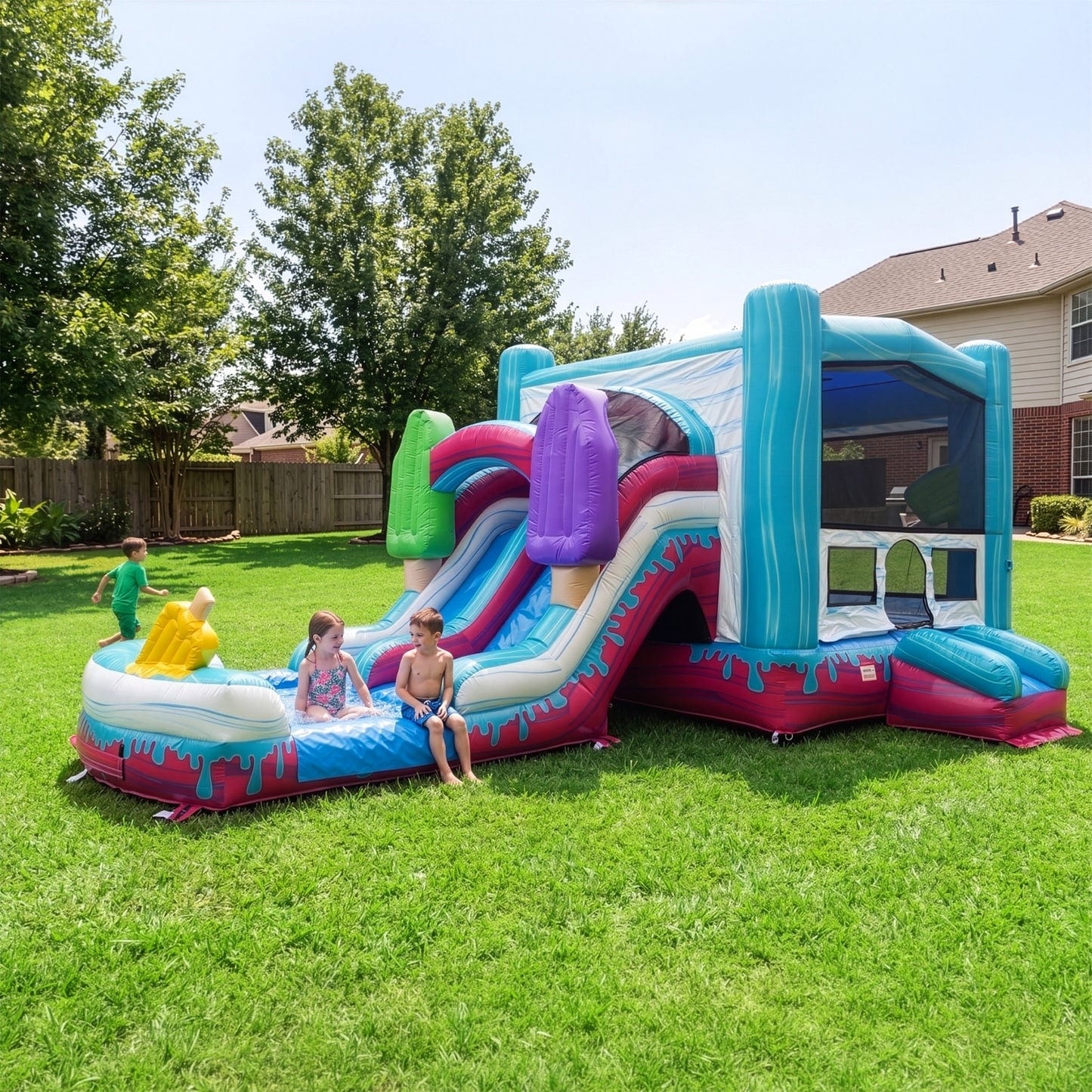 XJUMP Pop Splash Dual Lane Combo with Slide & Attached Pool - 28' x 16' x 12'