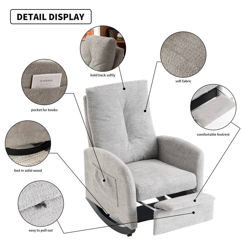 Comfortable Rocking Chair with Footrest and High Back, Made of Rubber Wood and Upholstered for a Cozy Sitting Experience.