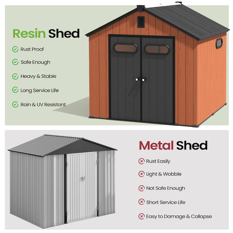 VredHom 8X8/8X10/8X12 FT All-Weather Outdoor Resin Storage Shed with Windows Floor for Patio Furniture and Tools