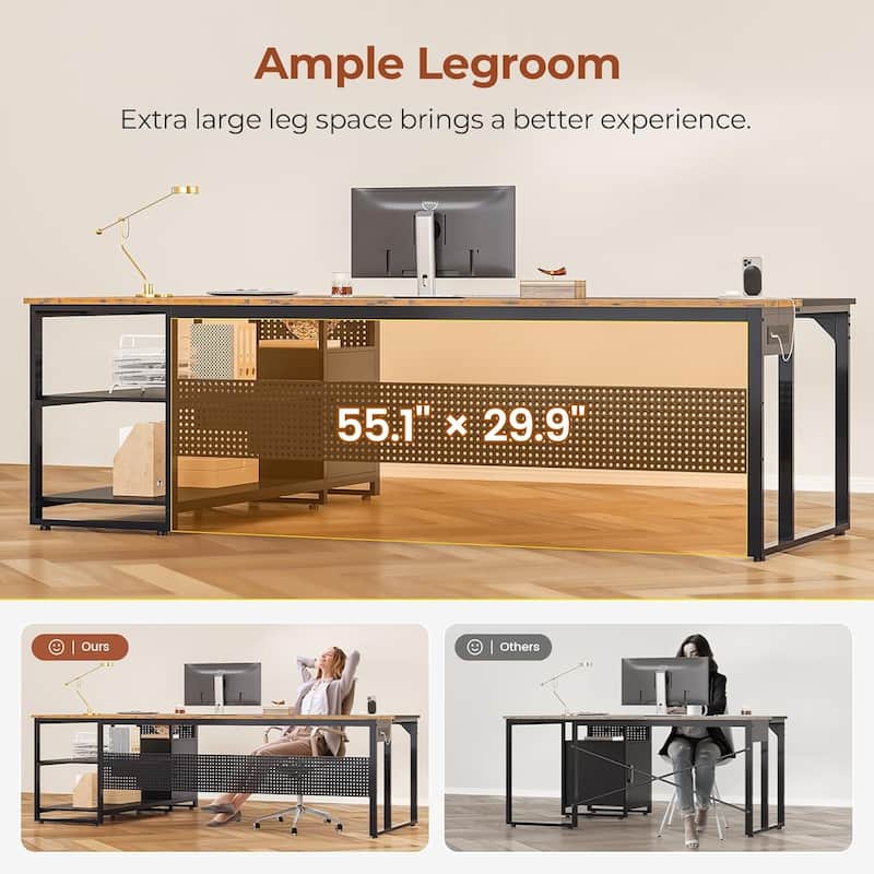 Executive Desk L Shaped Desk File Drawers Power Outlets Computer Desk