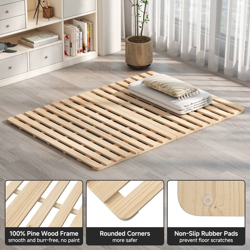 Solid Pine Wood Foldable Slatted Bed, Tatami Mat Floor Sleep Bedding