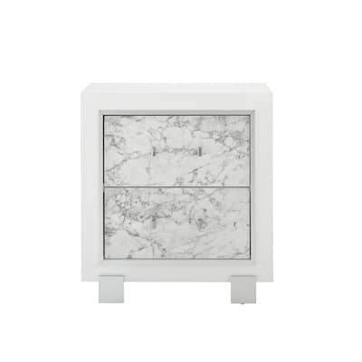 Modern Nightstand with Marble Finish, Bedroom Side Table, White Accent Furniture, 42 Inch Wide