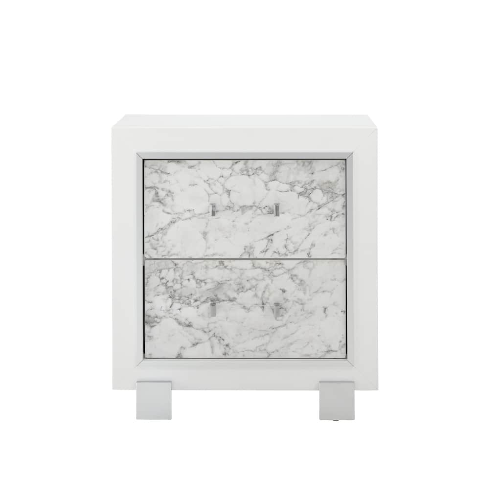 Modern Nightstand with Marble Finish, Bedroom Side Table, White Accent Furniture, 42 Inch Wide