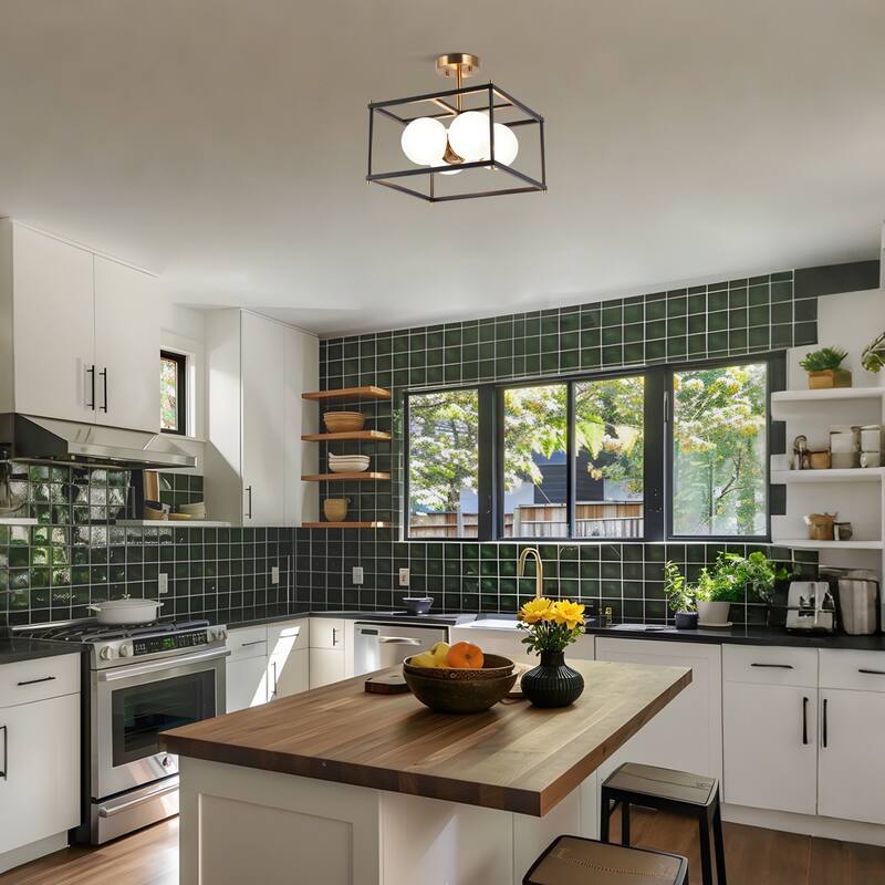 Modern 4-Light Black Gold Chandelier Square Semi Flush Mount Frosted Glass Ceiling Light for Kitchen - L13.5" x W13.5" x H13.5"