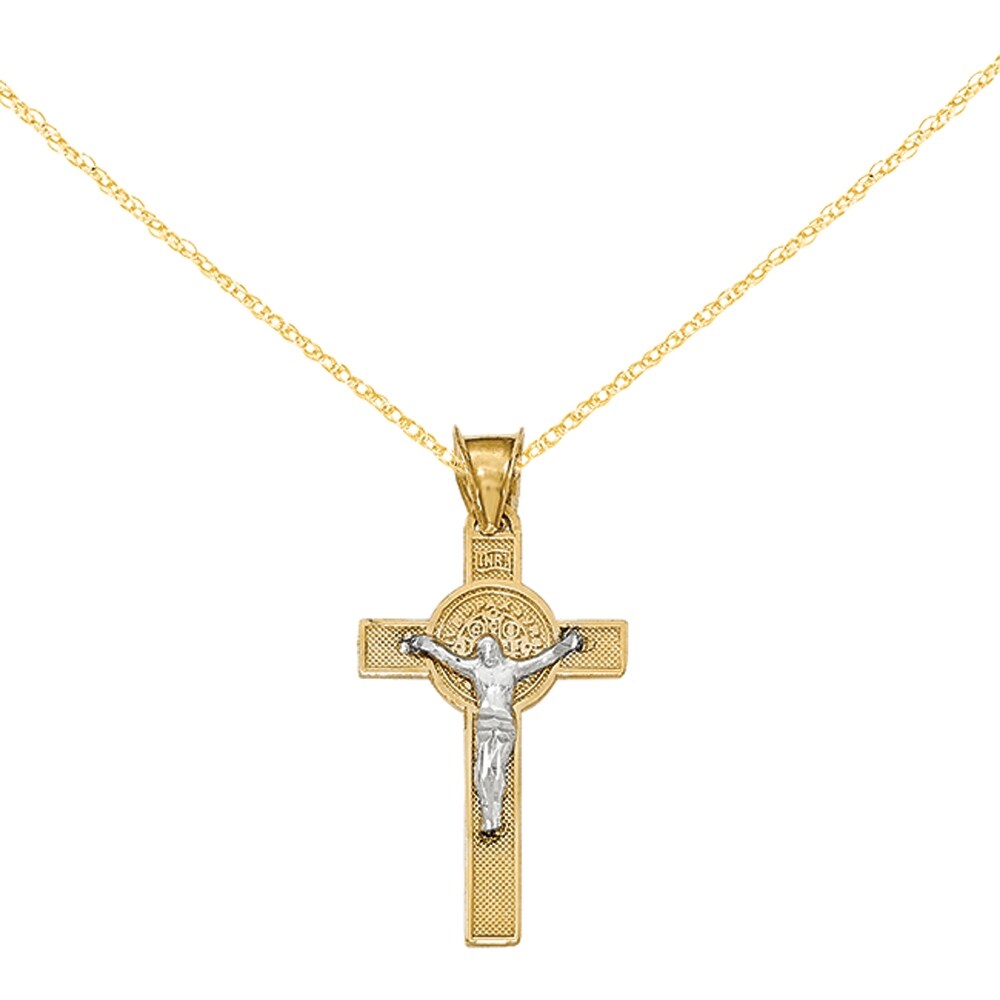 LA BLINGZ 10K Two-Tone White and Yellow Gold Mariner Crucifix Cross Charm Necklace