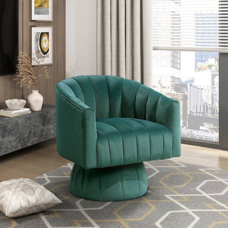 Velvet Swivel Barrel Chair, Round Upholstered Sofa Chair, Lounge Armchair with Barrel Back for Living Room, Bedroom - Dark Green