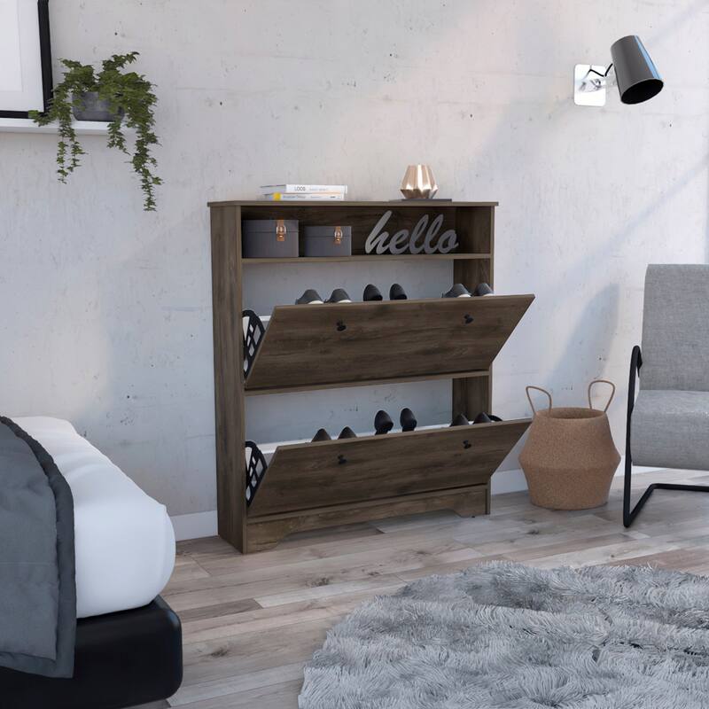 Calgary Shoe Rack, Superior Top, One Open Shelf, Two Extendable Shelves -Dark Brown - Brown