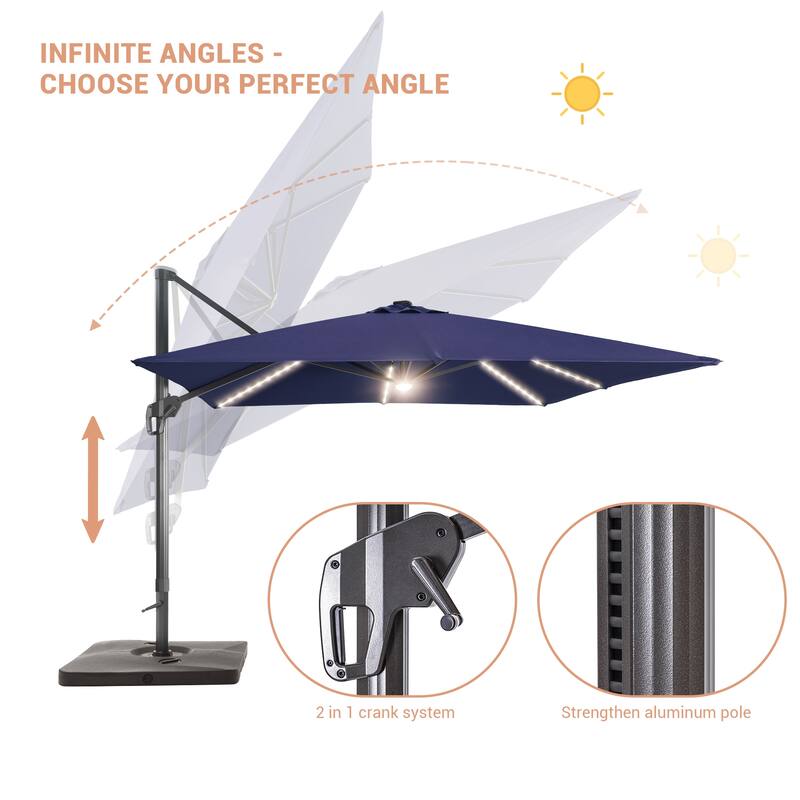 LIVOOSUN Patio10x10FT LED Aluminum Cantilever Umbrella Solution-Dyed Fabric w/Base
