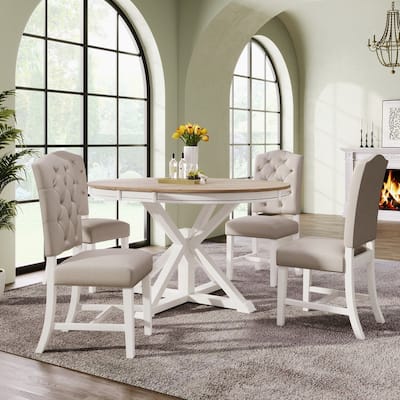 Retro Dining Table Set with Extendable Table and 4 Upholstered Chairs for Dining Room，Living Room (Oak Natural Wood+Off White)