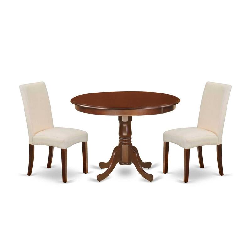 HomeStock 3-Piece Round Mahogany Finish Solid Wood Top Dining Table with 2 Parson Chairs