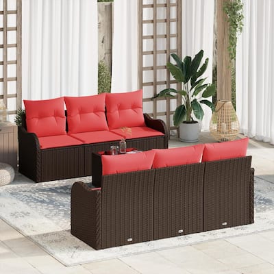 vidaXL 7 Garden Sofa Set with Cushions Black/Brown/Grey Poly Rattan - 69.3 x 24.4 x 27.2