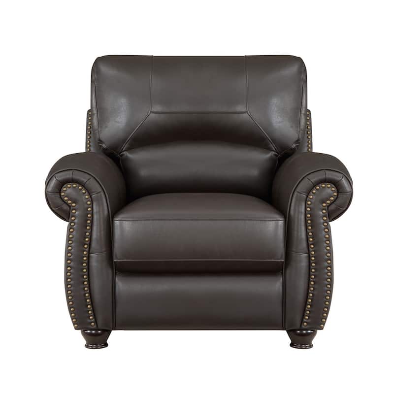 Kia 37 Inch Accent Chair, Dark Brown Top Grain and Faux Leather, Solid Wood