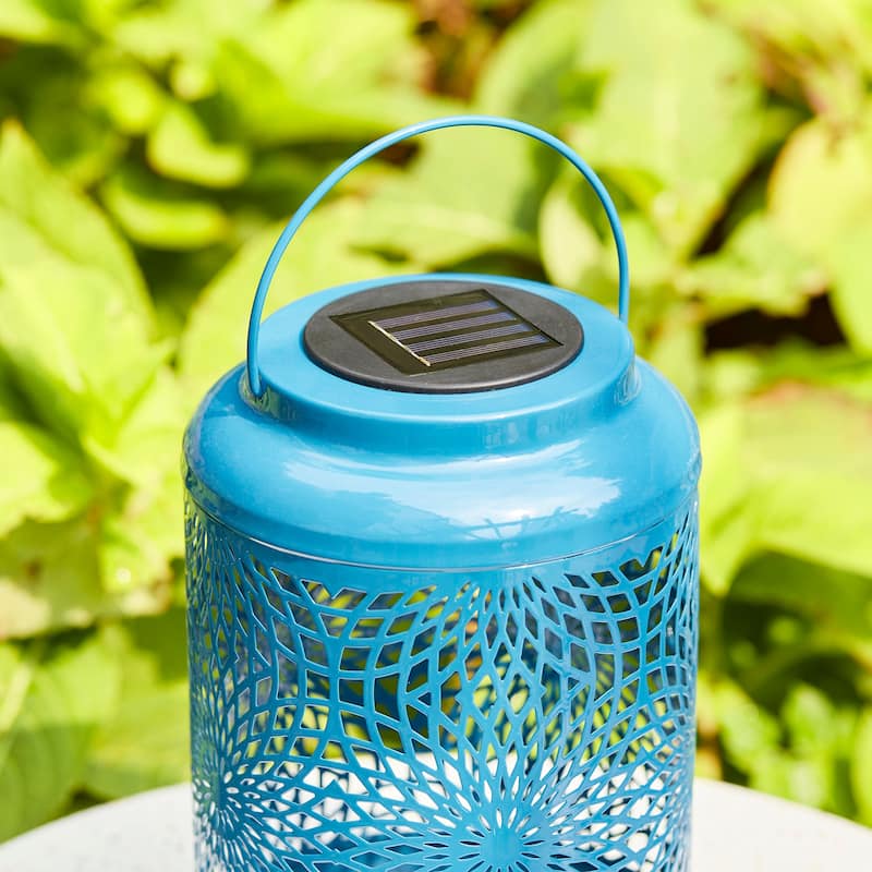 Glitzhome 8.75"H Outdoor Waterproof Metal Solar Hanging Lantern with Flower Leaves Decor