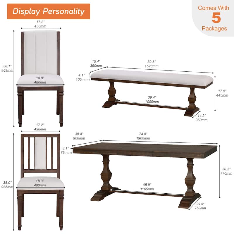 6-pieces Farmhouse Dining Table for 6, 74.8" Kitchen Table Set with 4 Chairs and Bench, Solid Wood Legs and Cushion Seat