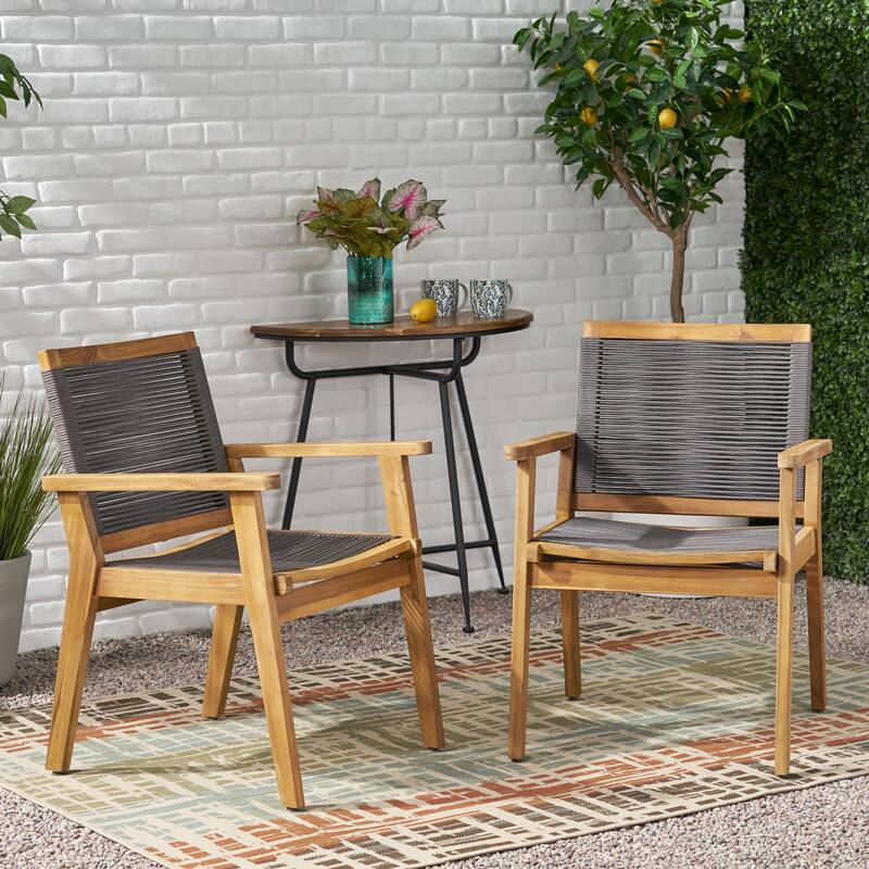 Roomfitters Modern Outdoor Patio Chairs Set of 2, Acacia Wood Frame and Rope Backrest, Grey