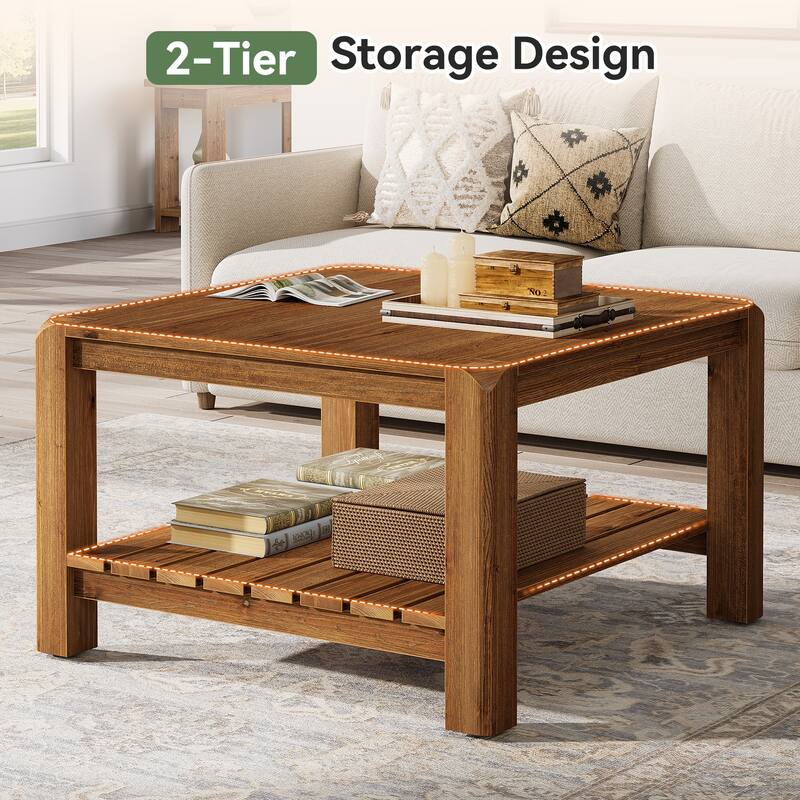31.5" Solid Wood Coffee Table, 2-Tier Square Center Table
