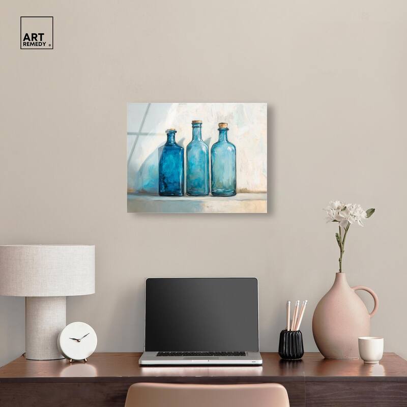 Three Blue Bottles Acrylic by Art Remedy, Ready to Hang