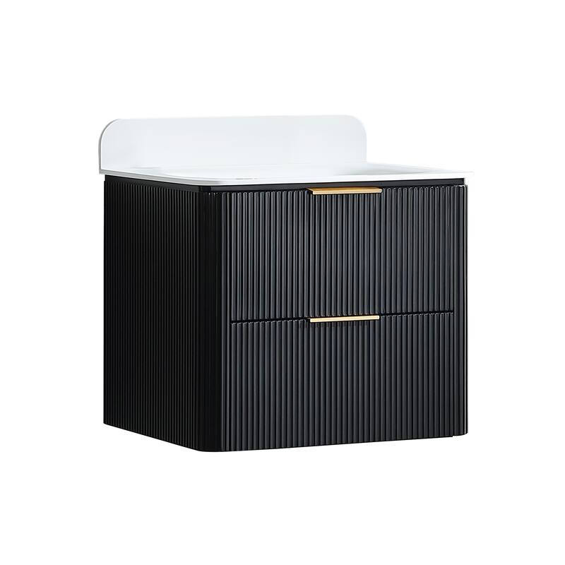 Modland Fluted Floating Vanity with Sink, Plywood Wall Mount Cabinet, Curved Edge, 24/30/36 Inch - 24 inch - Black