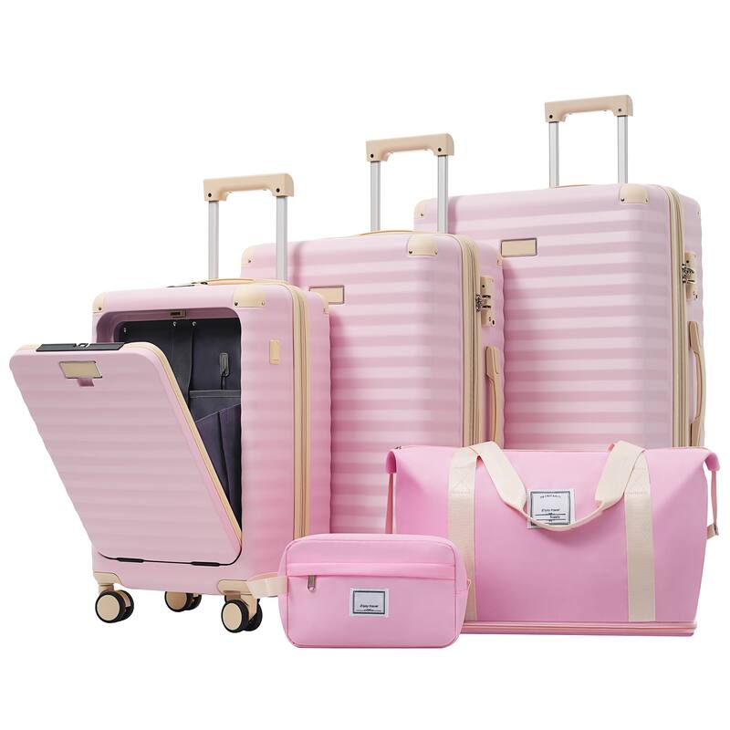 5-Piece Modern Expandable Luggage Sets, Front-opening Luggage with USB Port, Cup Holder and TSA Lock, for Boarding Travel, Pink