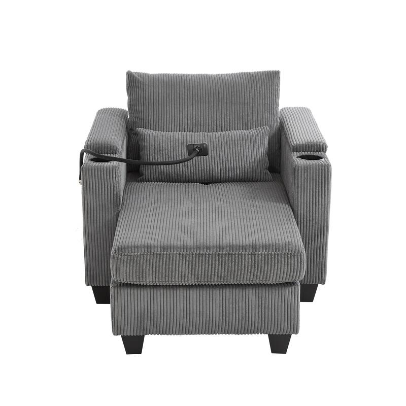 Anmytek 37.4" Convertible Chaise Lounge Sleeper Sofa Chair Corduroy with USB Ports Cup Holders Phone Holder Storage