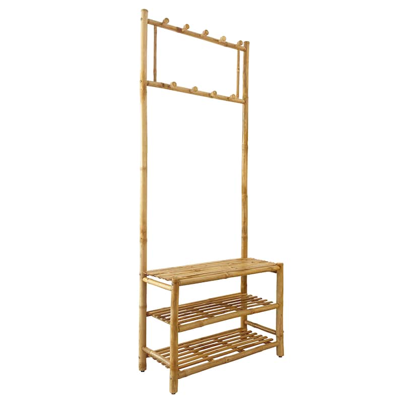 Handcrafted Natural Bamboo 3-in-1 Hall Tree with Bench Shoe Rack