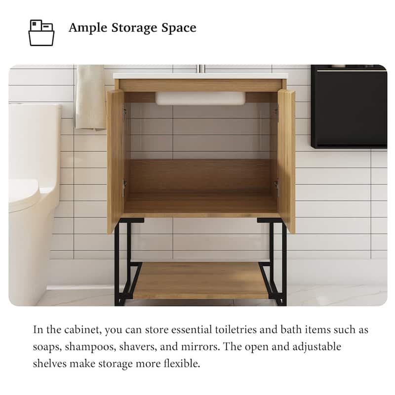 Freestanding Bathroom Vanity Set in Oak with Integrated Solid Surface Sink
