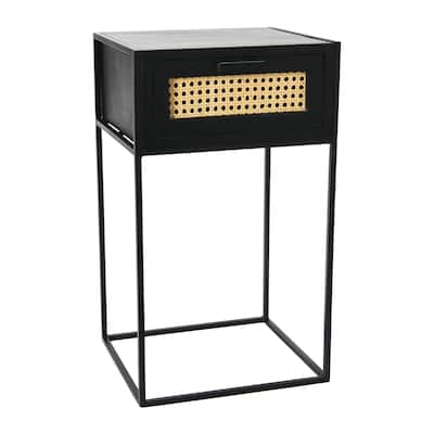 Solid Wood Nightstand with Metal Legs and Woven Cane Drawer Detail