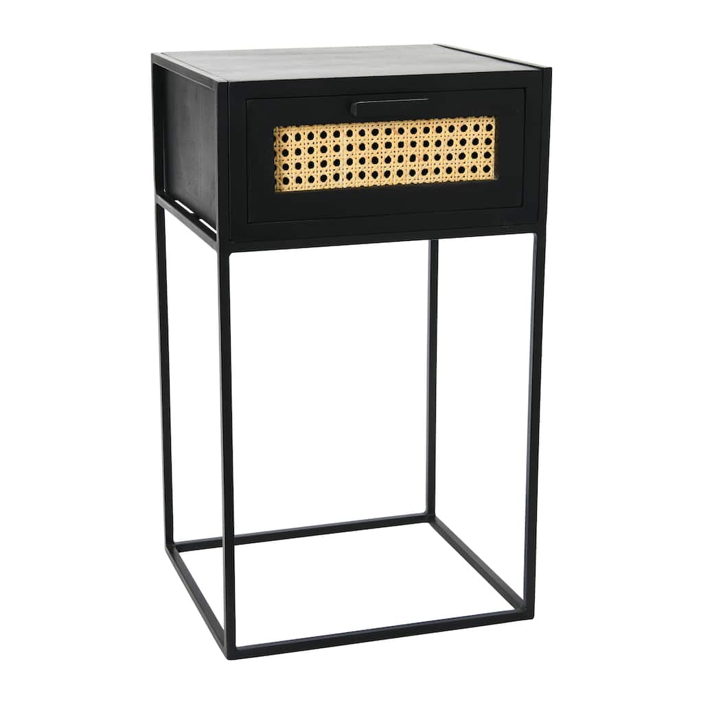 Solid Wood Nightstand with Metal Legs and Woven Cane Drawer Detail