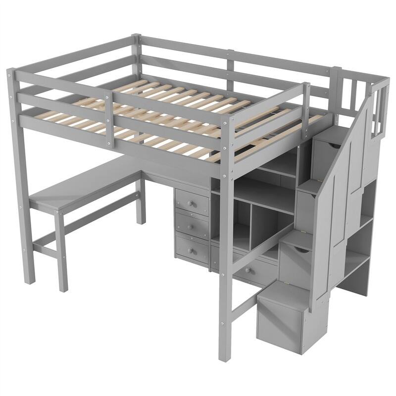Multifunctional Wood Twin Size Loft Bed with L-Shaped Desk and Storage Staircase, Loft Bed Frame with Cabinet and Drawers