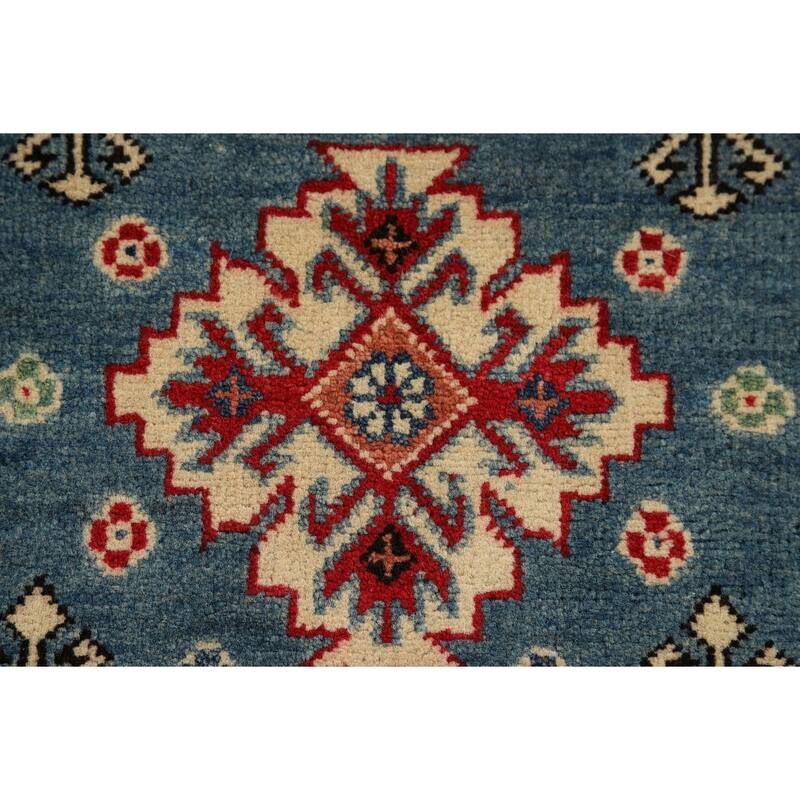 Hand Knotted Oriental 100% Wool Carpet Traditional Geometric Navy Blue & Blues Kazak Area Rug - 3' 3'' X 1' 11''